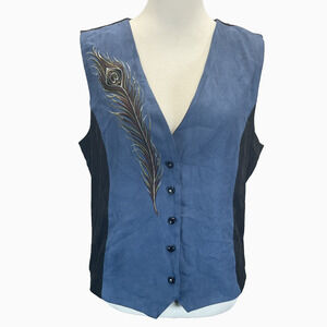 Bob Mackie Wearable Art Woman's Size L Vest Peacock Feather Design Black & Blue